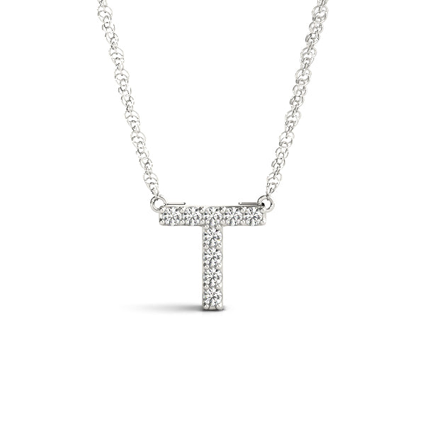 0.04 Ct 14K White Gold Lab Grown Diamond Letter T Pendant Necklace With Gold Plated Sterling Silver Chain