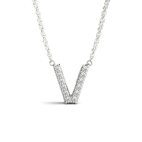 0.06 Ct 14K White Gold Lab Grown Diamond Letter V Pendant Necklace With Gold Plated Sterling Silver Chain