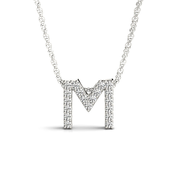 0.09 Ct 14K White Gold Lab Grown Diamond Letter M Pendant Necklace With Gold Plated Sterling Silver Chain