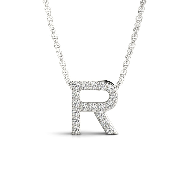 0.09 Ct 14K White Gold Lab Grown Diamond Letter R Pendant Necklace With Gold Plated Sterling Silver Chain