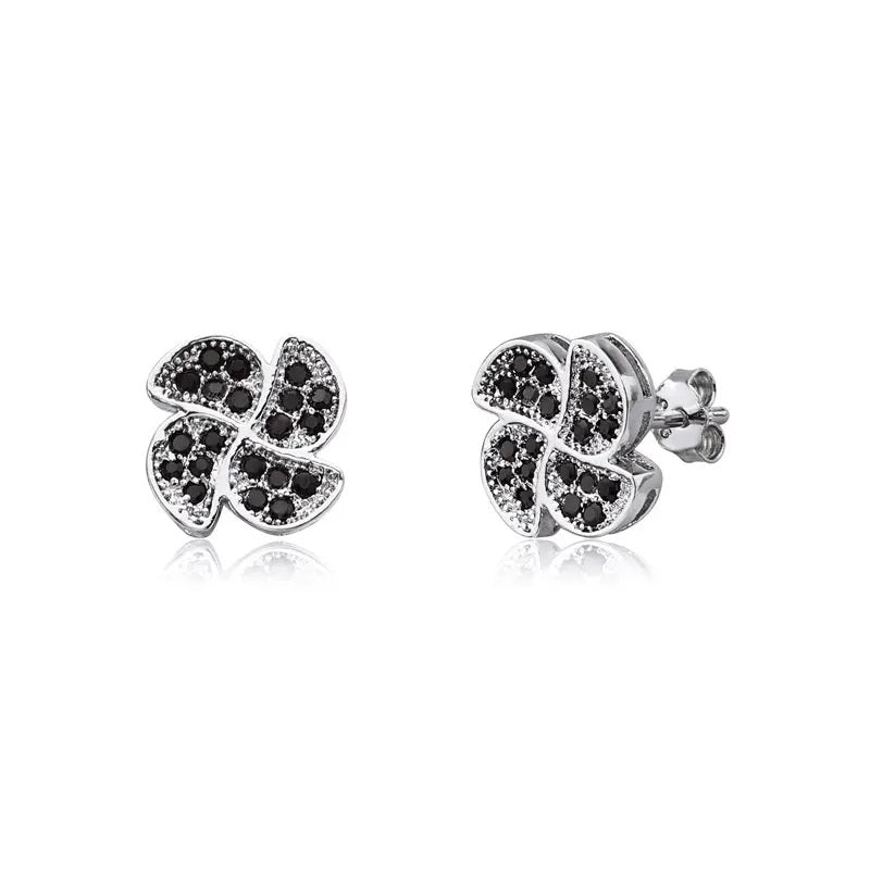 Elegant Black Diamond Floral Stud Earrings in Sterling Silver