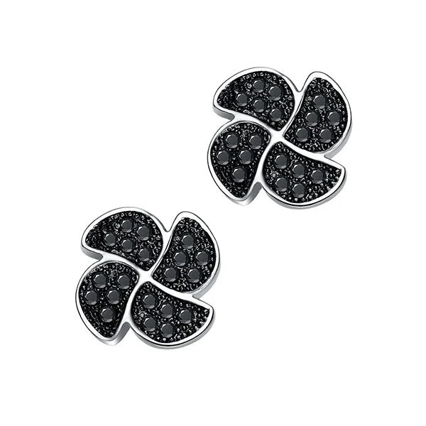 Chic Black Stone Floral Stud Earrings in 925 Sterling Silver