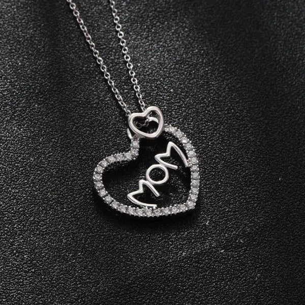 Sterling Silver Heart Mom Pendant Necklace With Sparkling Accents