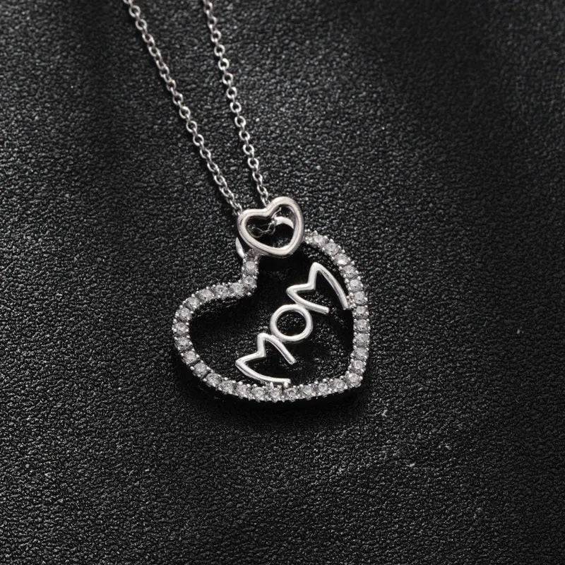 Sterling Silver Heart "MOM" Pendant Necklace with Sparkling Accents