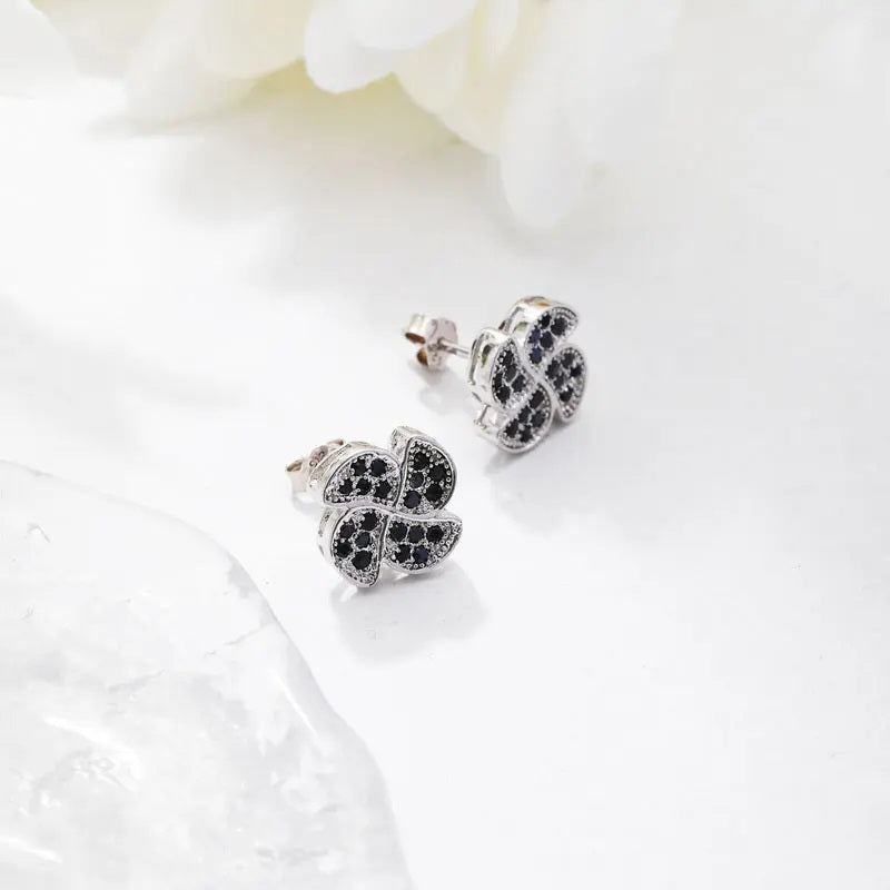 Elegant Black Diamond Floral Stud Earrings in Sterling Silver