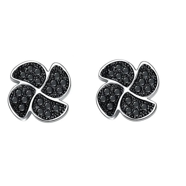 Chic Black Stone Floral Stud Earrings in 925 Sterling Silver