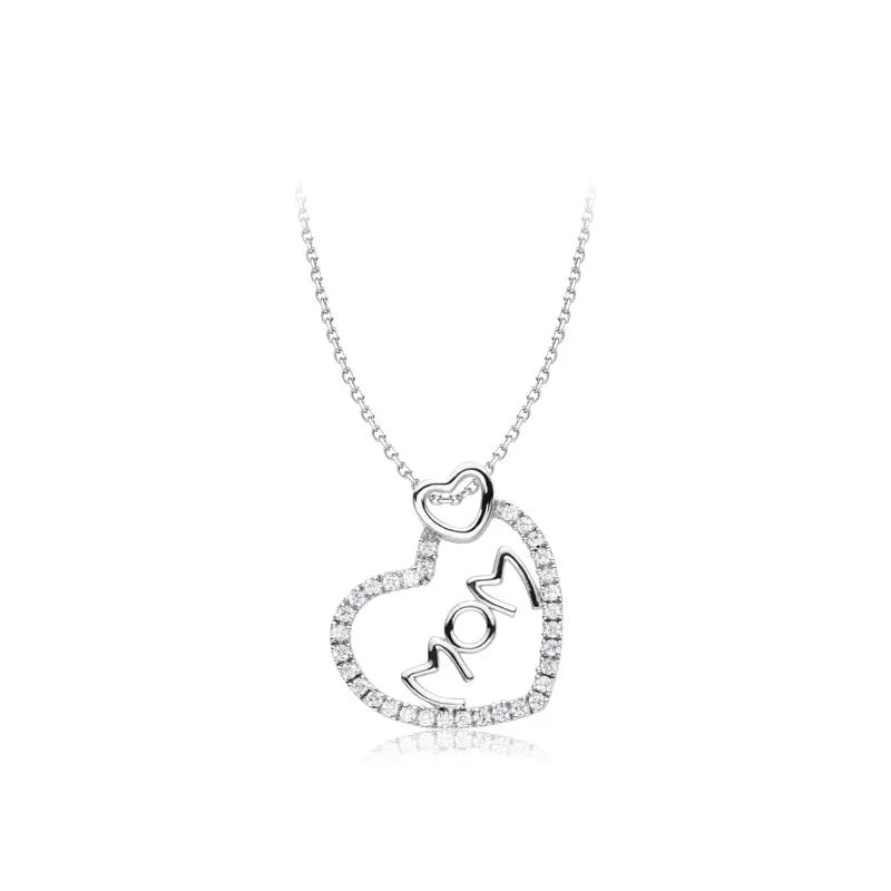 Sterling Silver Heart "MOM" Pendant Necklace with Sparkling Accents