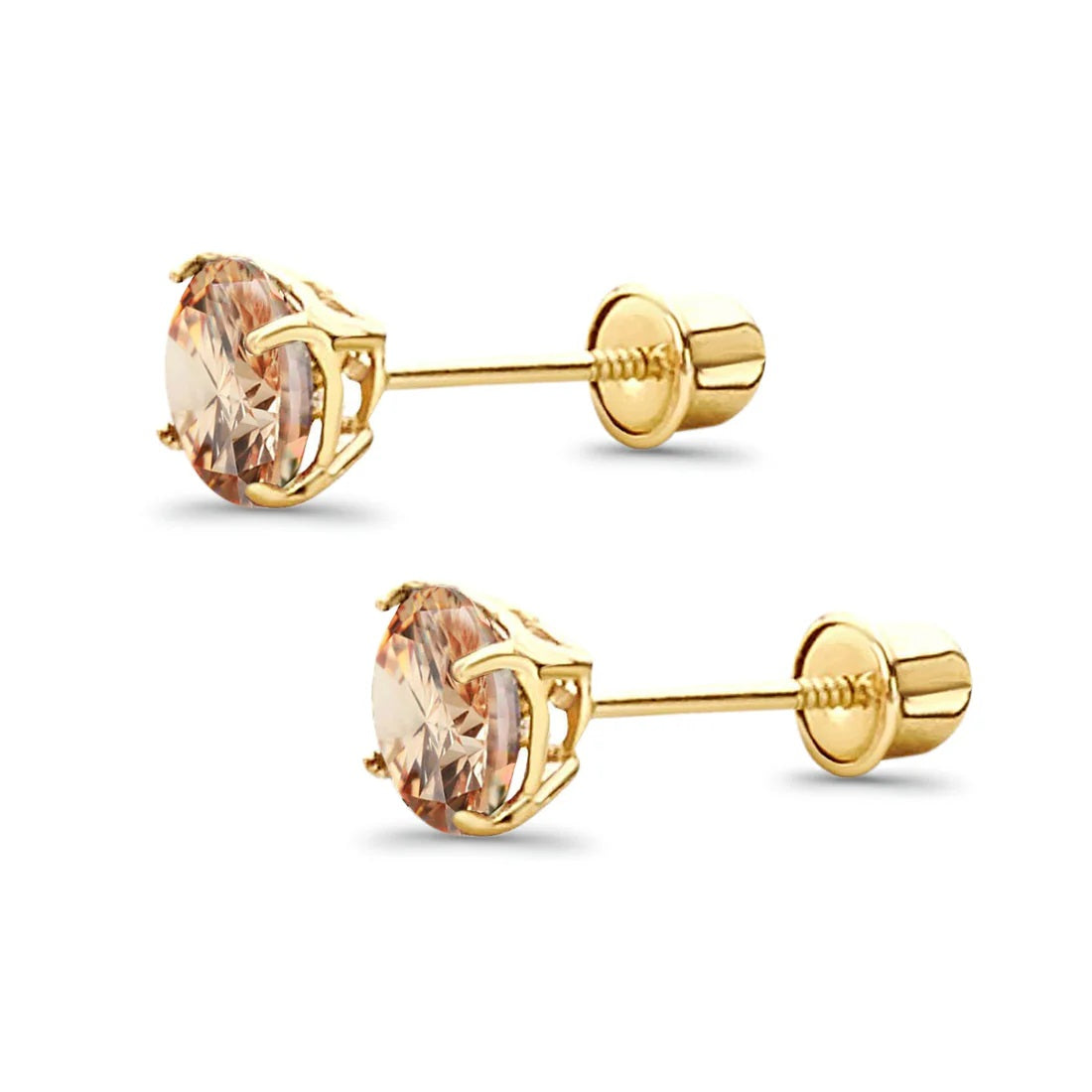 14K Yellow Gold 5mm Round Solitaire Basket Set Simulated Champagne CZ Stud Earrings