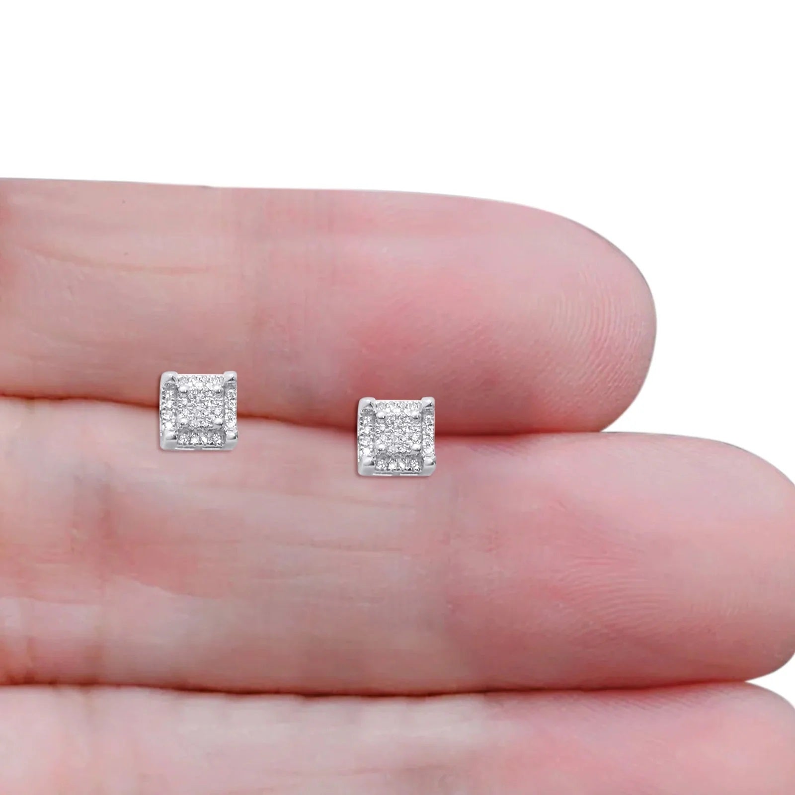 0.15 Carat Natural Diamond Square Micro Pave Stud Earrings In 10K White Solid Gold