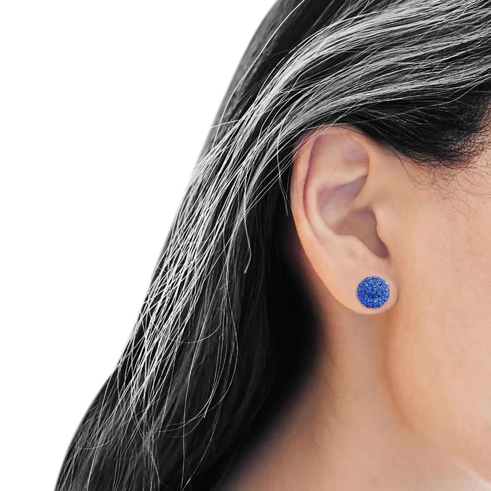 Sapphire Blue Crystal Full Ball Stud Earrings in 925 Sterling Silver