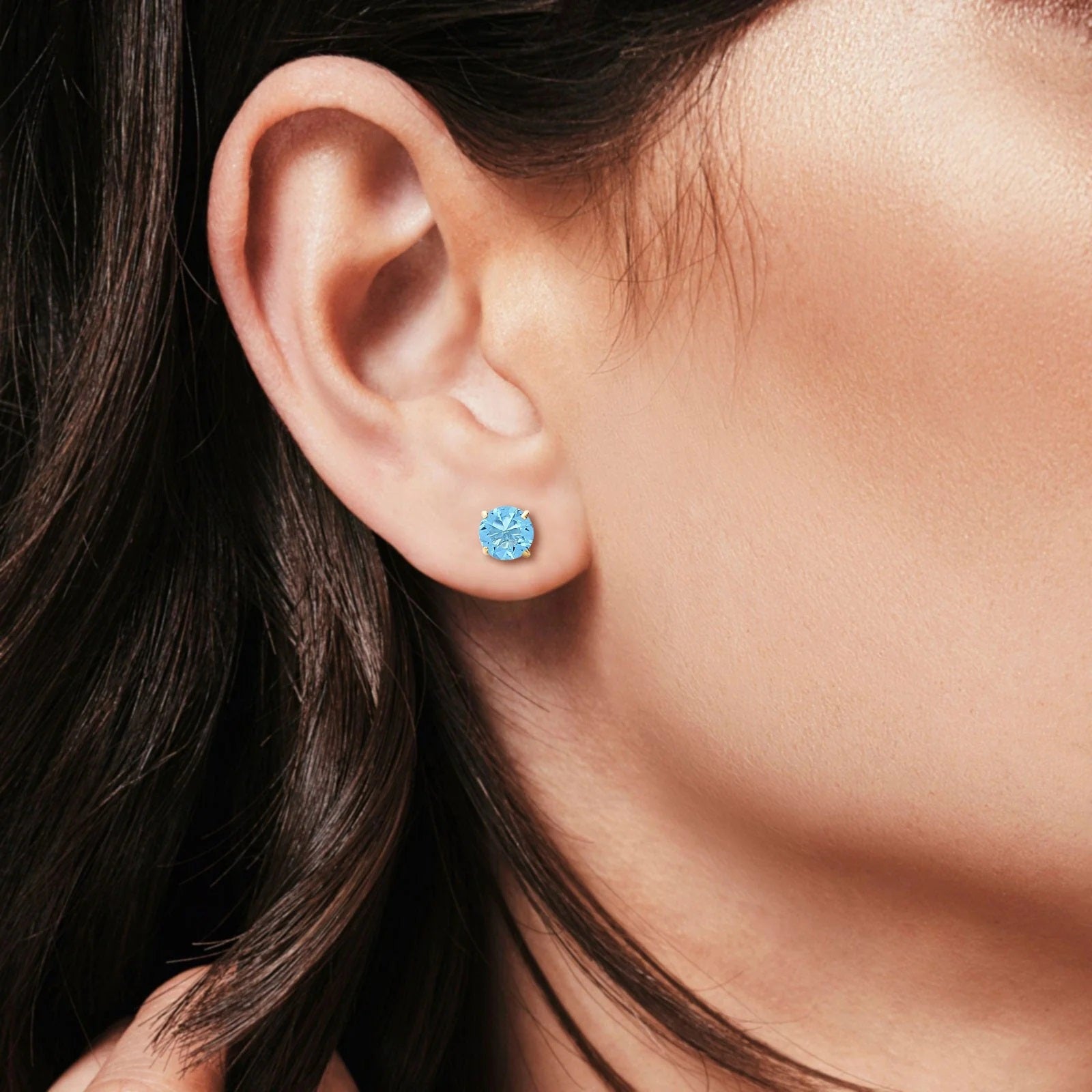 5mm Round Solitaire Basket Set Blue Topaz Stud Earrings 14K Yellow Gold Best Birthday Gift for Her