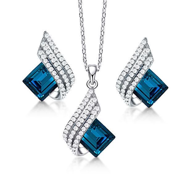 18K White Gold Plated Earrings & Necklace Set – 3.00 Ct Emerald Cut Blue Topaz