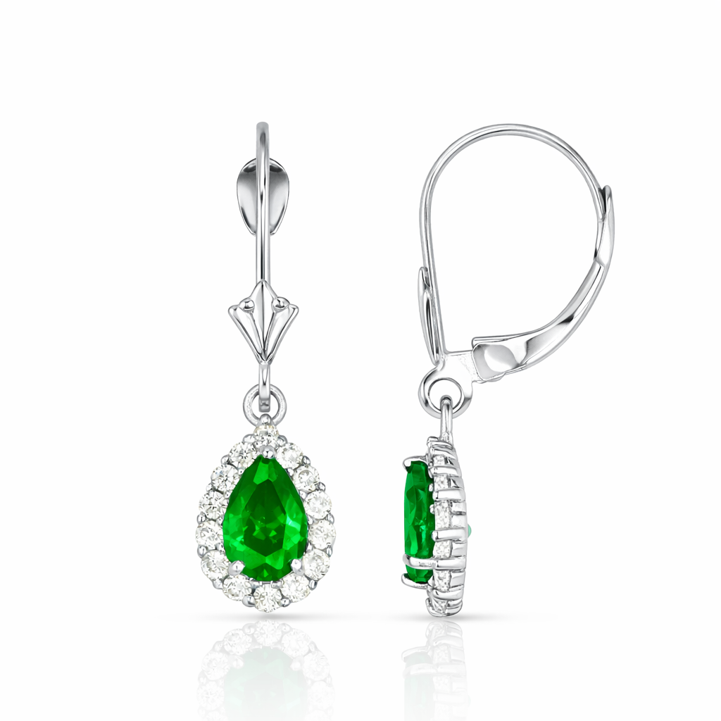 6×4mm Emerald Gemstone Halo Dangle Leverback Earrings in 14K White Gold