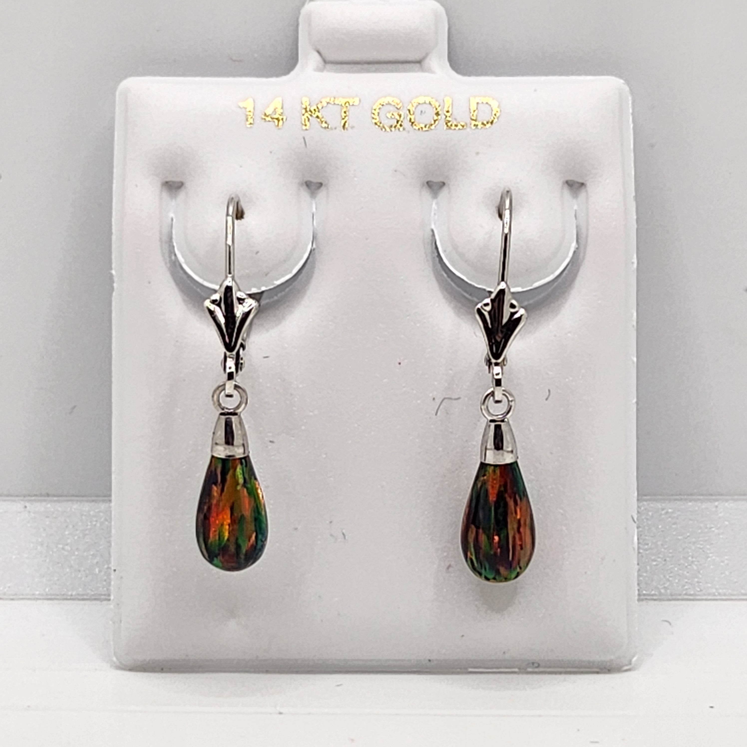 14K Solid White Gold Created Opal Dangle leverback Earrings