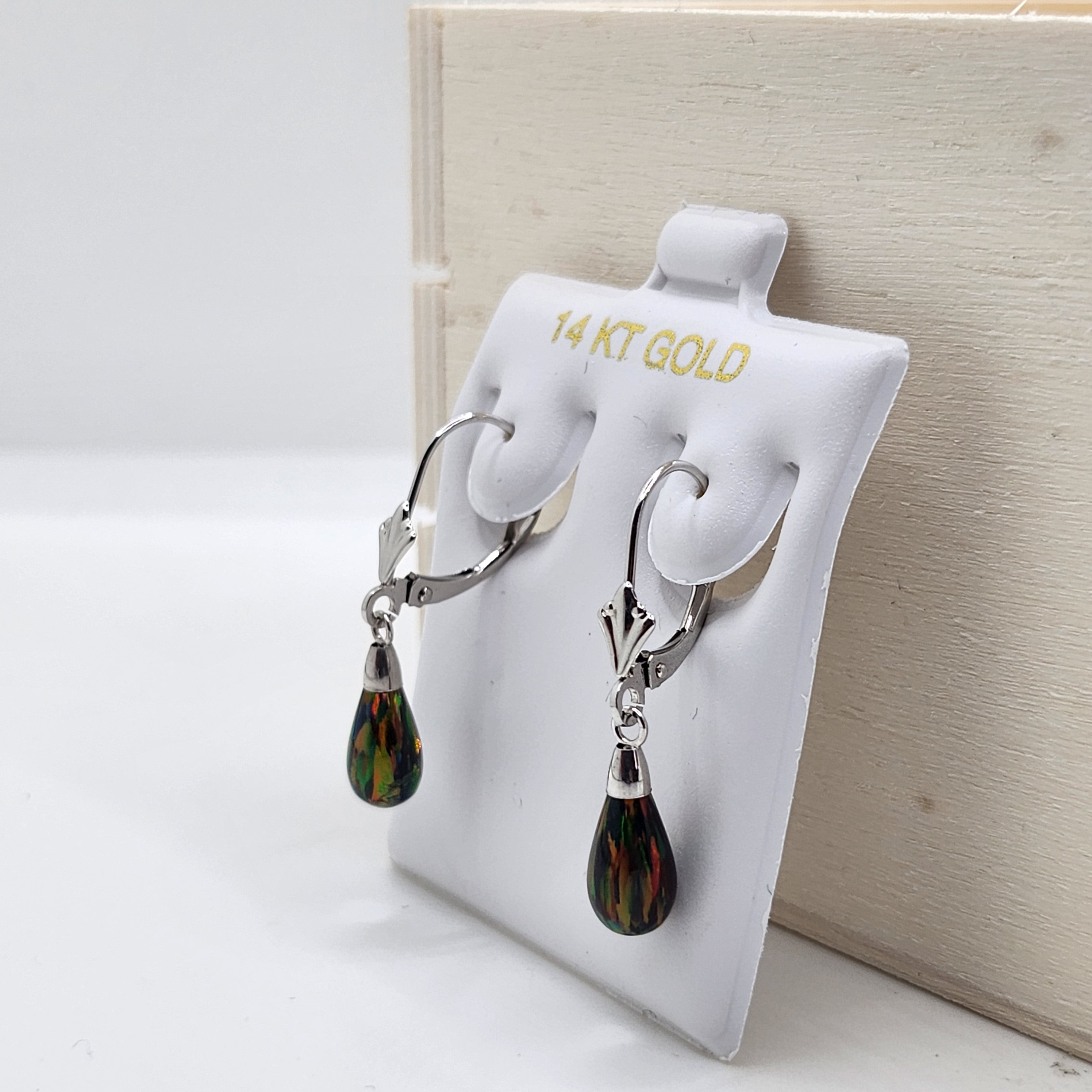 14K Solid White Gold Created Opal Dangle leverback Earrings