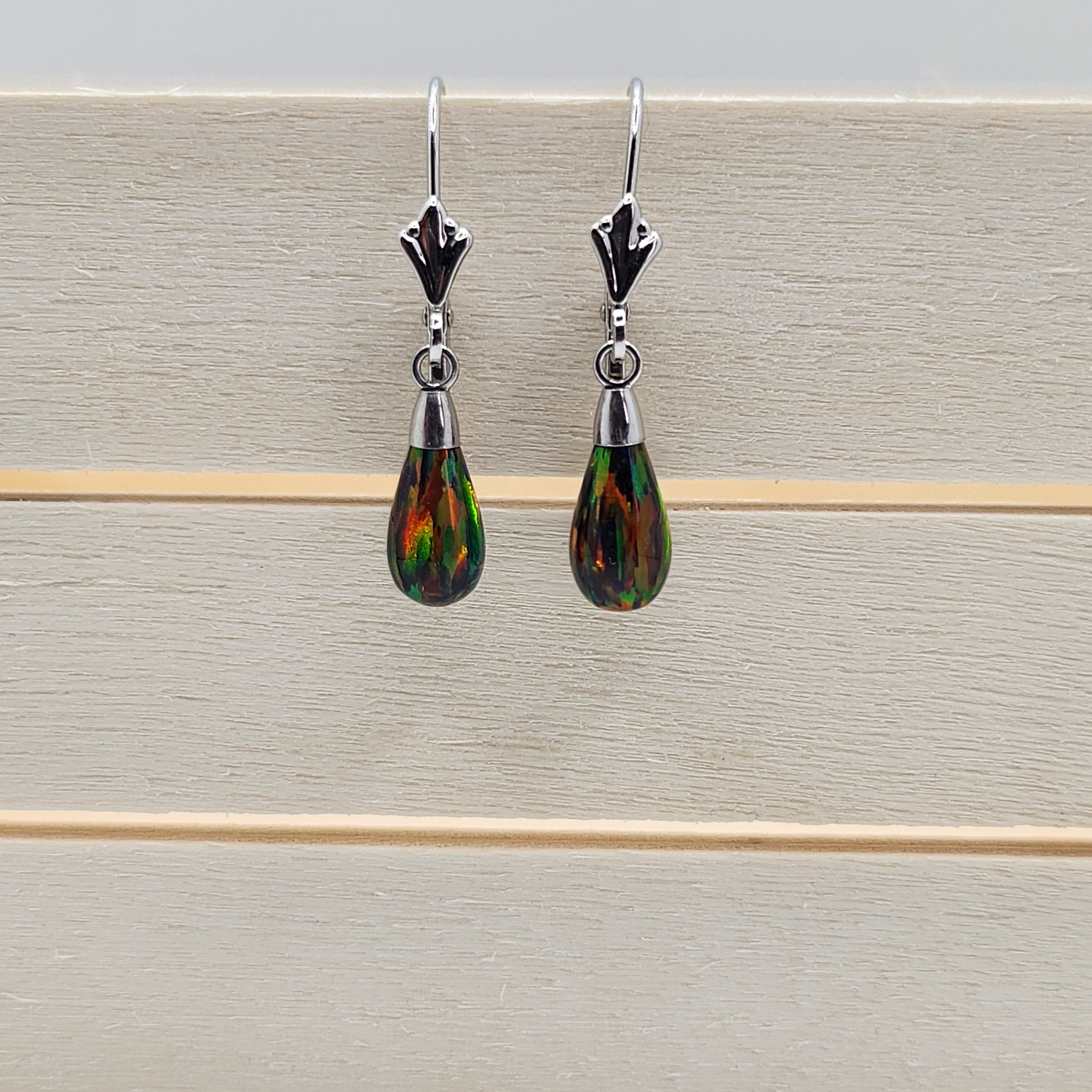 14K Solid White Gold Created Opal Dangle leverback Earrings