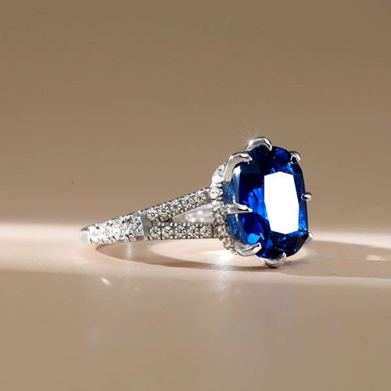 5.00 Ct Blue Sapphire Split Shank Cushion Cut Engagement Ring - 18K White Gold