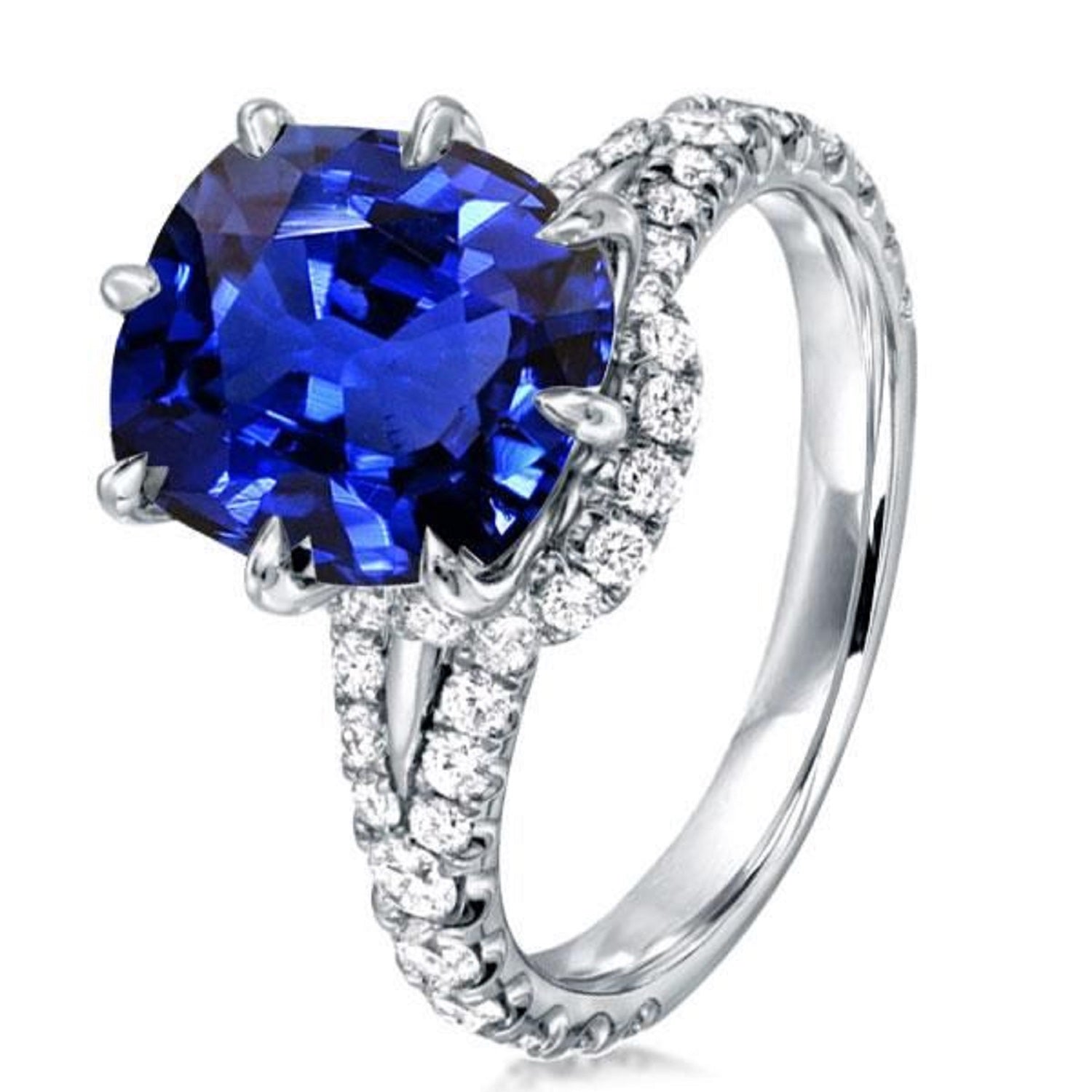 5.00 Ct Blue Sapphire Split Shank Cushion Cut Engagement Ring - 18K White Gold