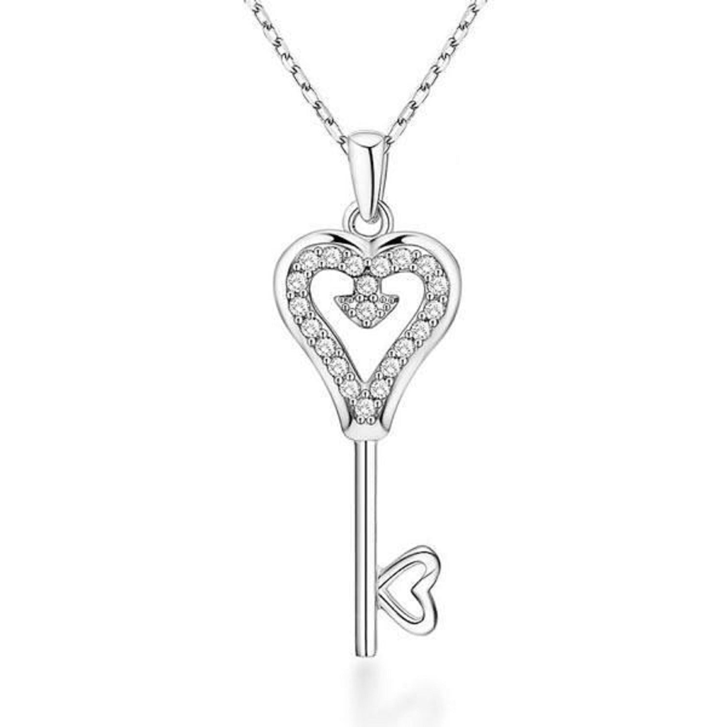 18K White Gold Plated Key Design Created White Sapphire Pendant Necklace - 18" Chain in 925 Sterling Silver (3.5g)