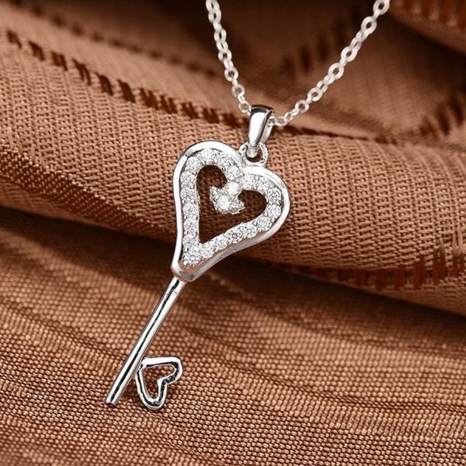 18K White Gold Plated Key Design Created White Sapphire Pendant Necklace - 18" Chain in 925 Sterling Silver (3.5g)