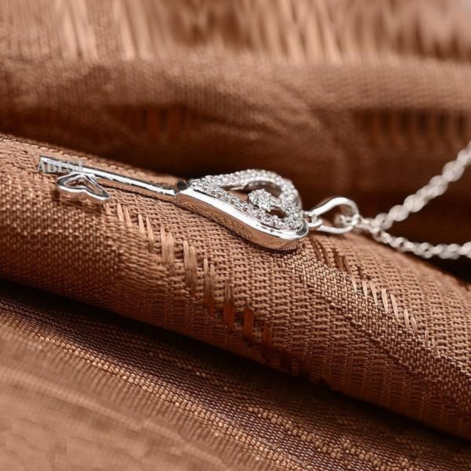 18K White Gold Plated Key Design Created White Sapphire Pendant Necklace - 18" Chain in 925 Sterling Silver (3.5g)