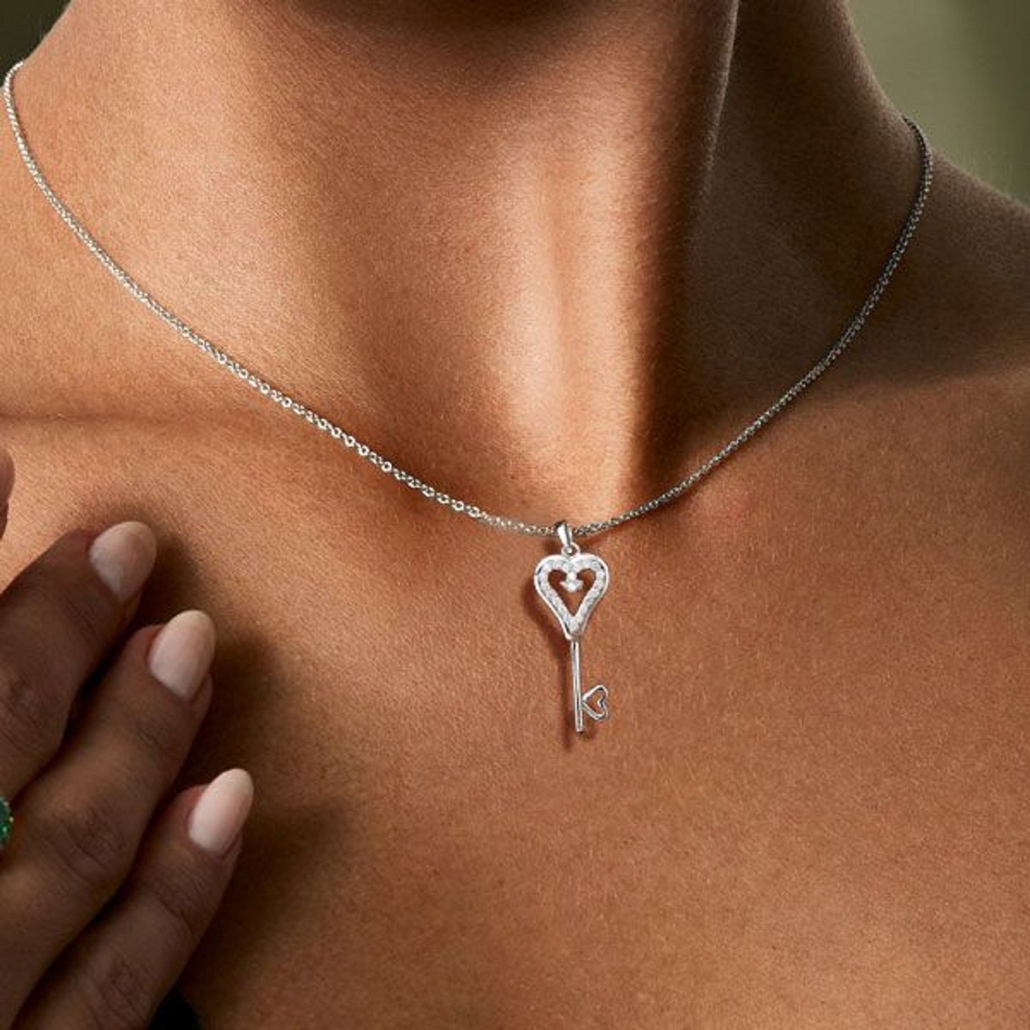 18K White Gold Plated Key Design Created White Sapphire Pendant Necklace - 18" Chain in 925 Sterling Silver (3.5g)