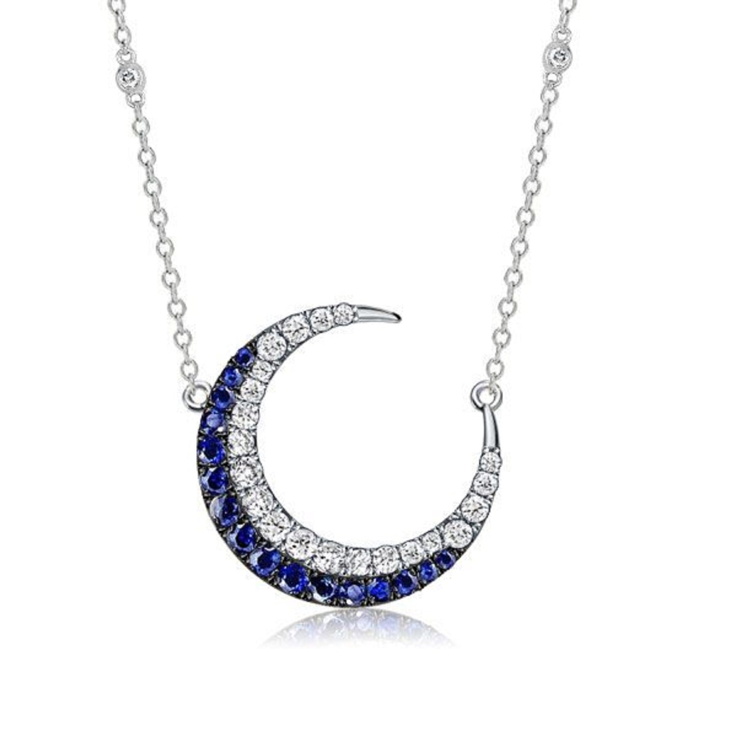1.00 Ct Blue White Sapphire Crescent Moon Pendant Necklace For Women With 17" Chain