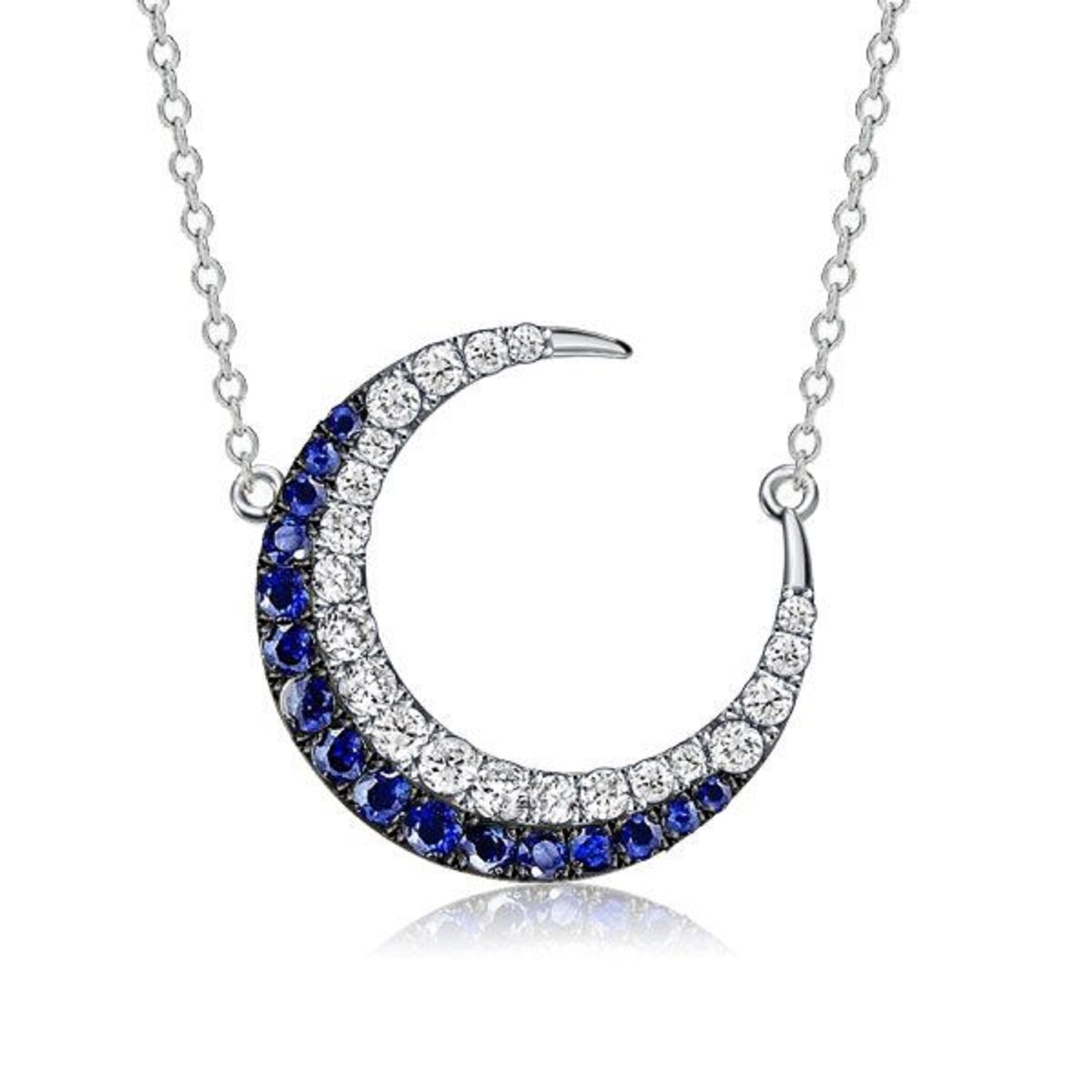 1.00 Ct Blue White Sapphire Crescent Moon Pendant Necklace For Women With 17" Chain