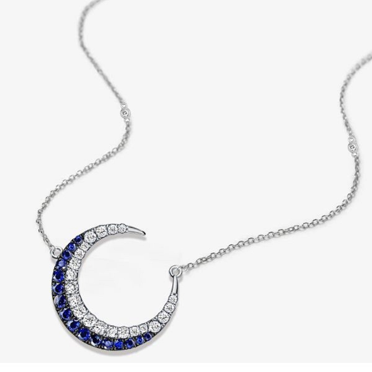 1.00 Ct Blue White Sapphire Crescent Moon Pendant Necklace For Women With 17" Chain