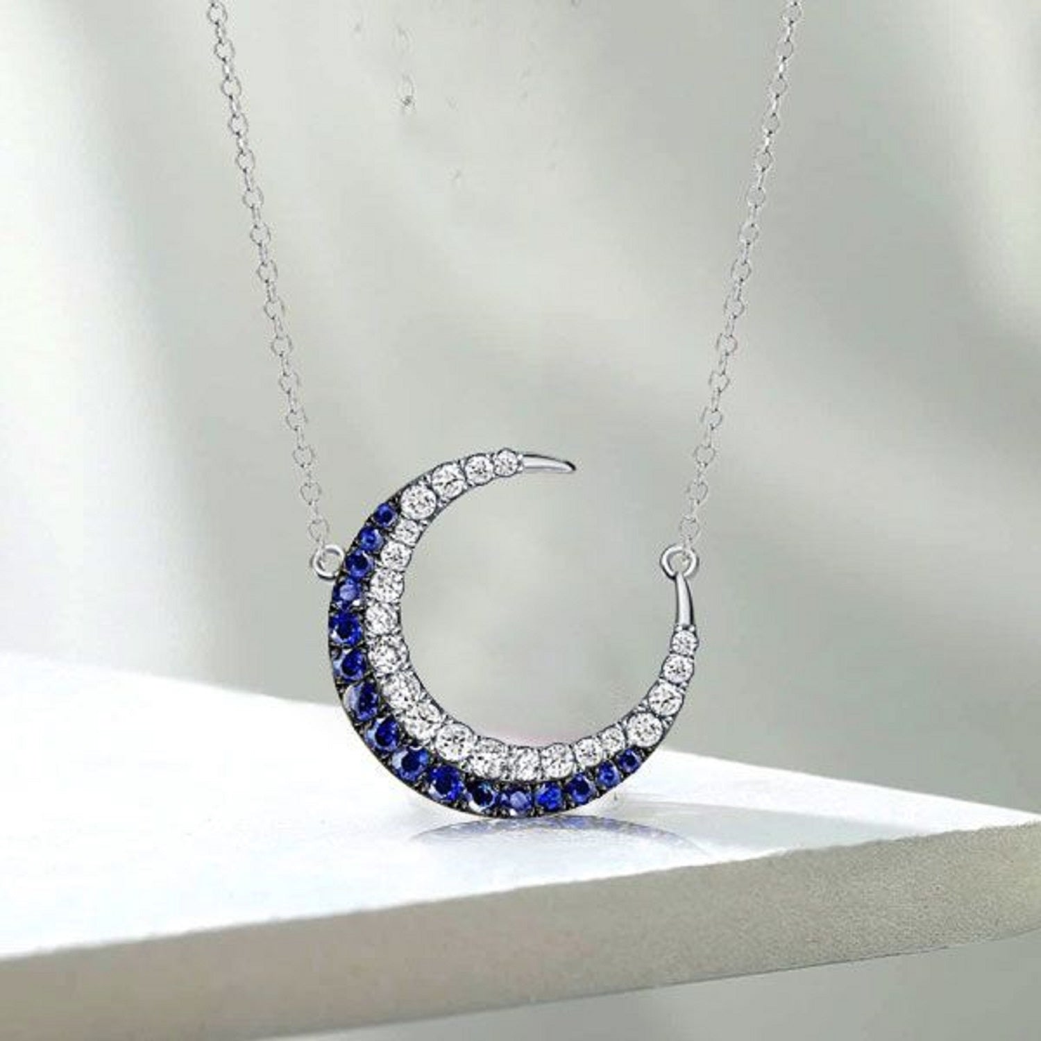 1.00 Ct Blue White Sapphire Crescent Moon Pendant Necklace For Women With 17" Chain