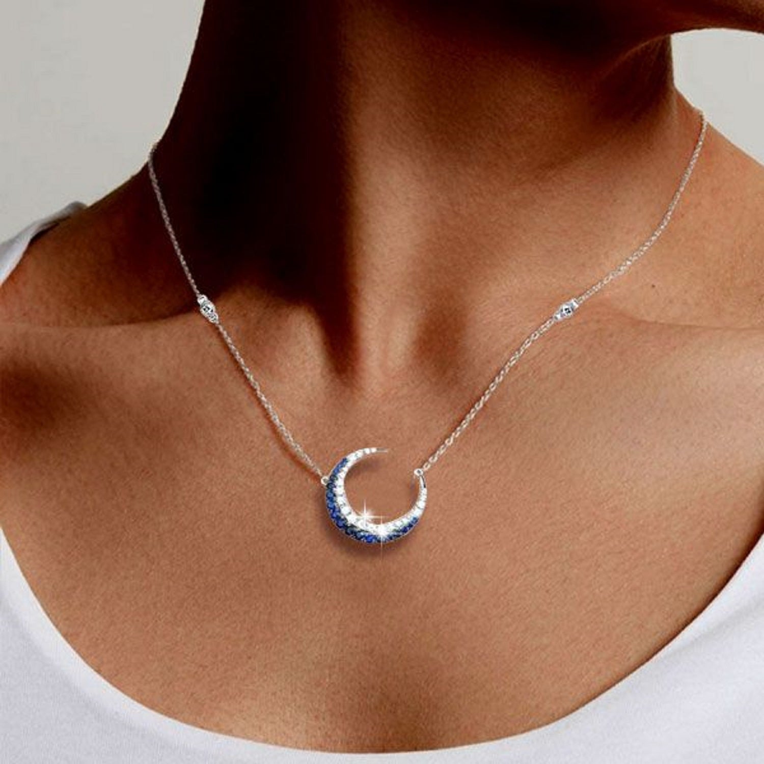 1.00 Ct Blue White Sapphire Crescent Moon Pendant Necklace For Women With 17" Chain