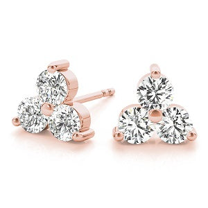 1/2 Ct Natural Diamond 3 Stone Earrings In 14K Rose / White & Yellow Gold