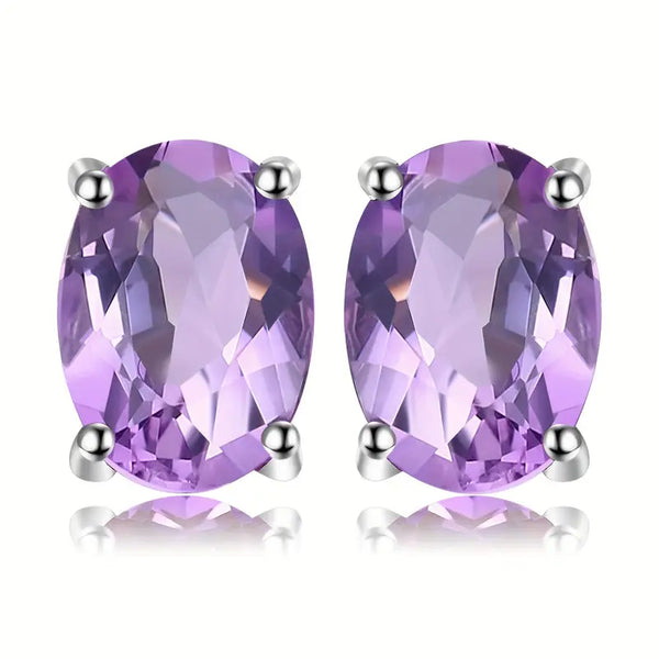6x4 Mm Oval Cut Natural Amethyst Stud Earrings In 18k Gold Plated