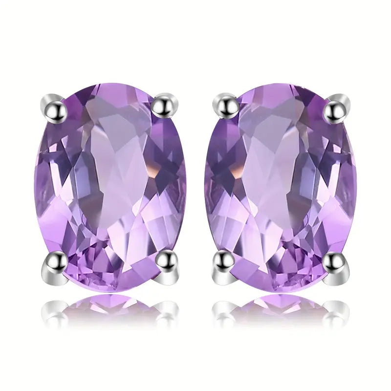 7x5mm Oval Cut Natural Amethyst Stud Earrings In 18K Gold Plated
