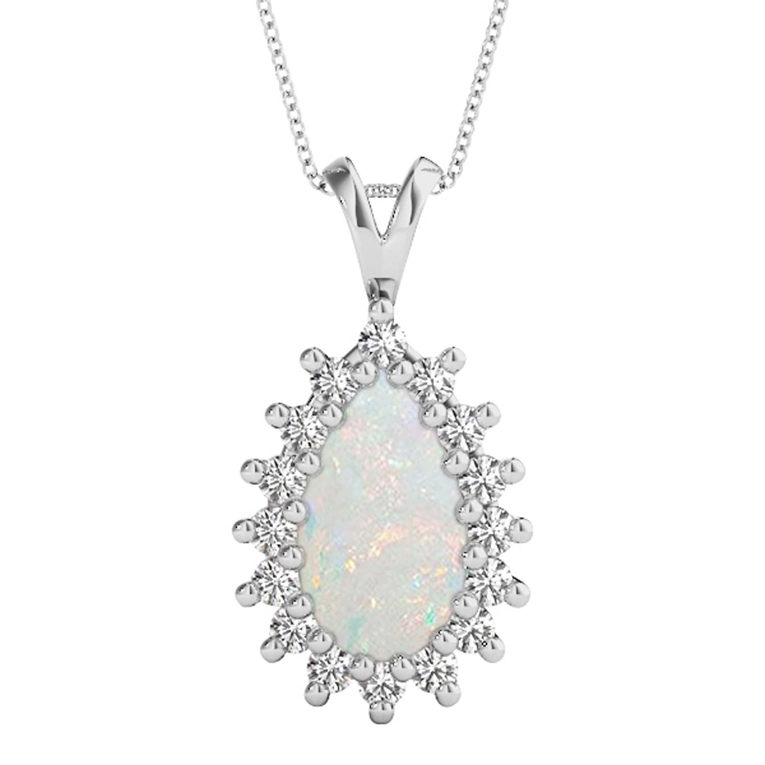 10K White And Yellow Gold Pear Shape Opal And White Diamond Pendant Necklace
