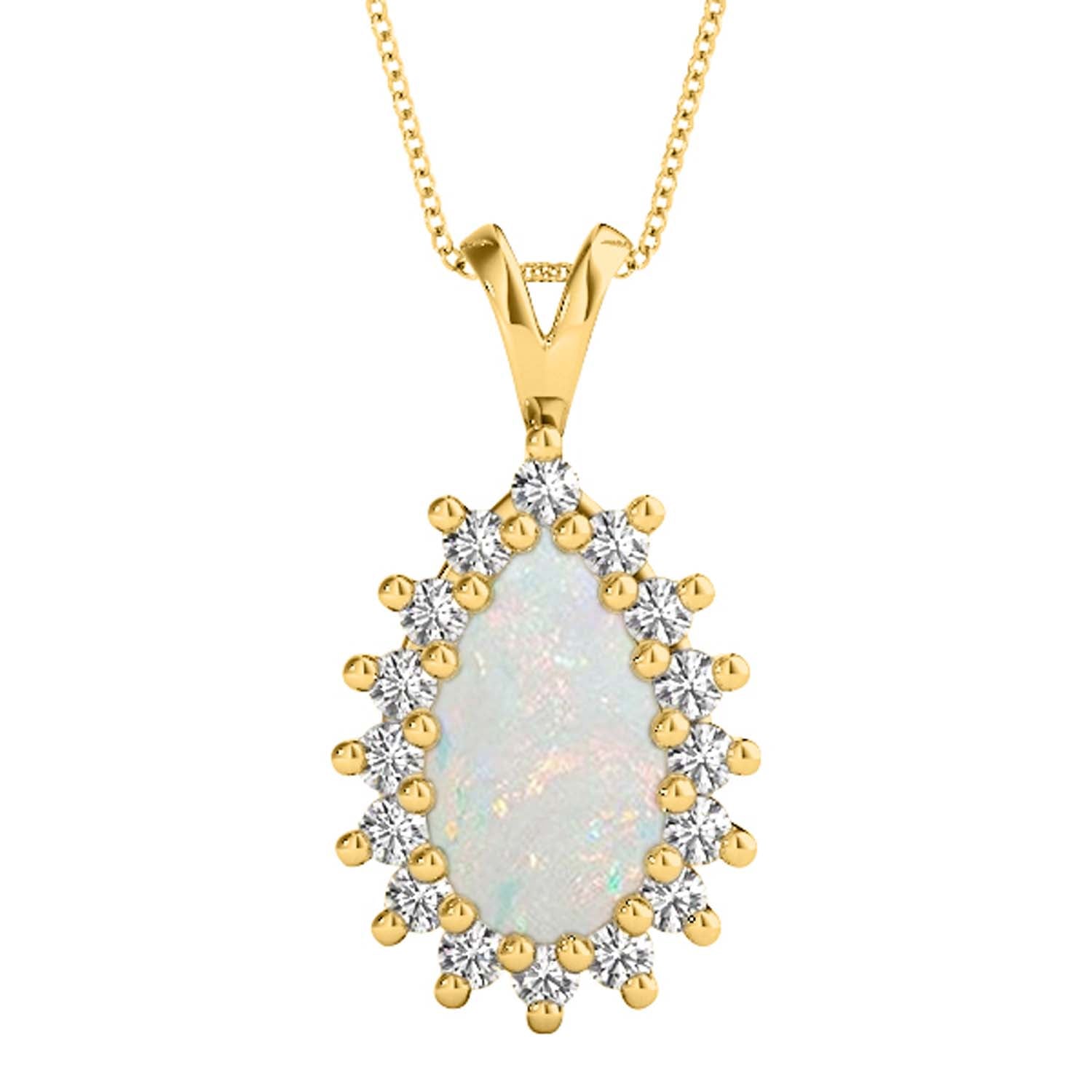 10K White And Yellow Gold Pear Shape Opal And White Diamond Pendant Necklace