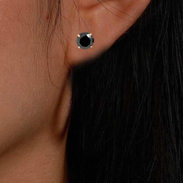 GRA Certified 3mm to 8mm  Lab-Created Black Round Diamond Stud Earrings in 14K Solid Yellow Gold