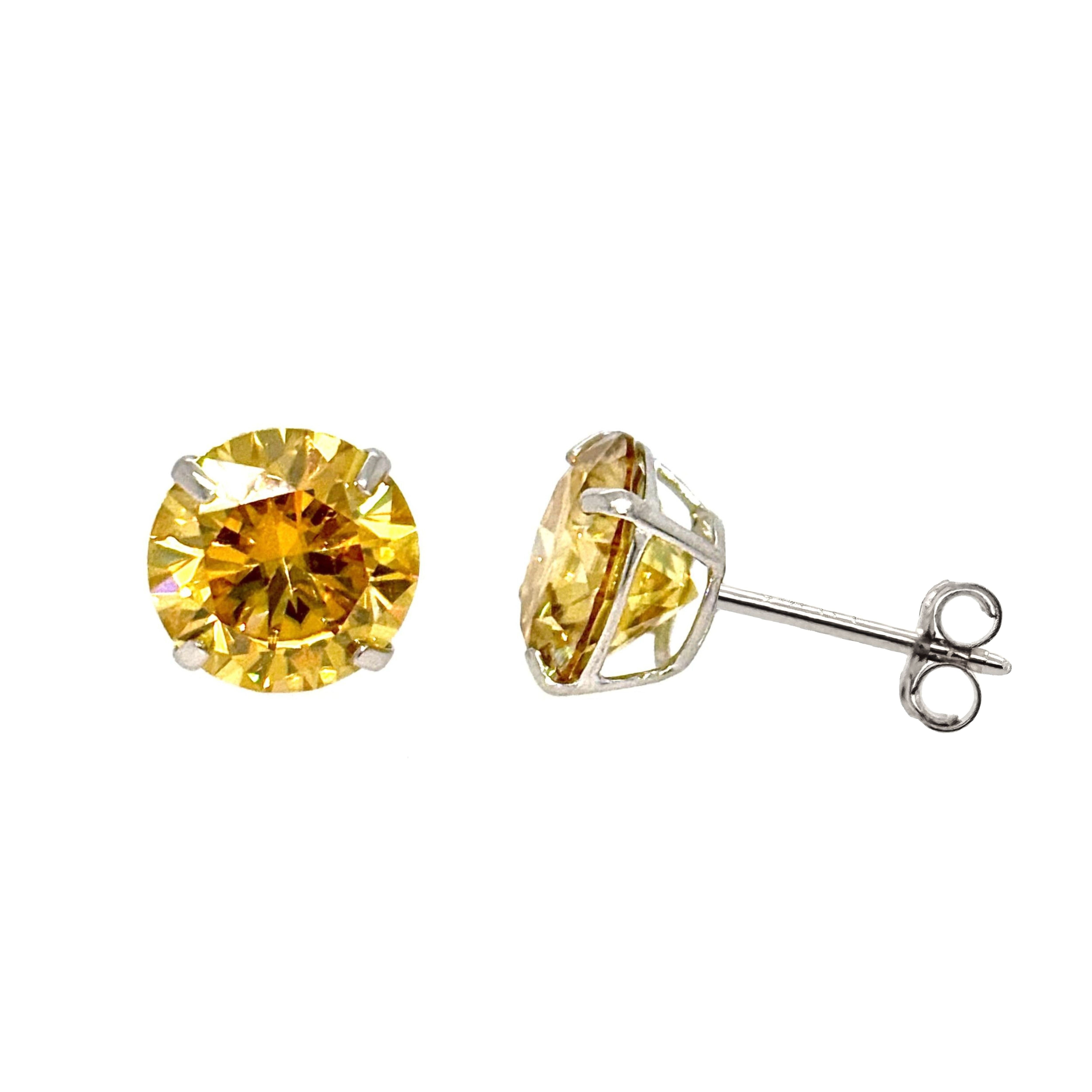 8mm Prong Set Citrine Gemstone Stud Earrings In 14K White Gold