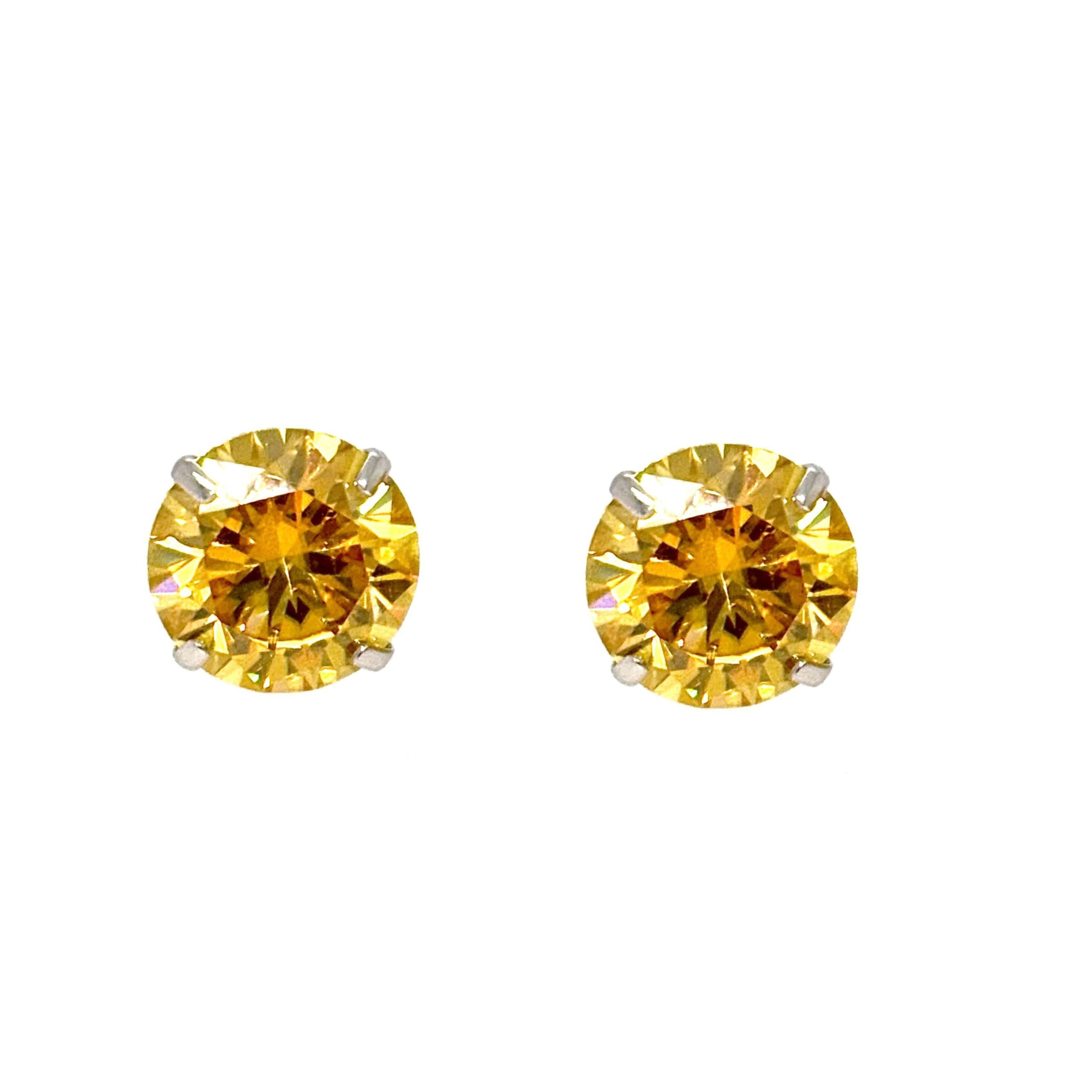 8mm Prong Set Citrine Gemstone Stud Earrings In 14K White Gold