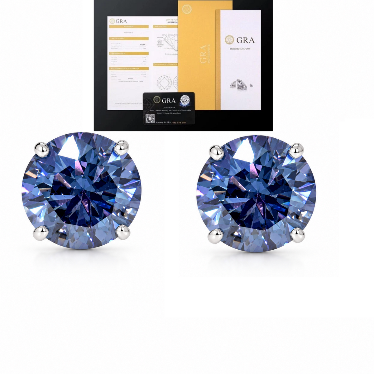 8mm 14K Gold GRA Certified D-VVS1 Round Colored Moissanite Push Back Studs Earrings