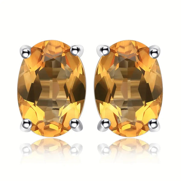 6x4mm Natural Citrine Stud Earrings For Women 18k White Gold Plated