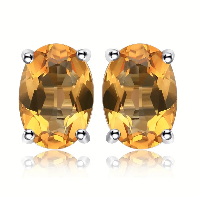 7x5mm Natural Citrine Stud Earrings For Women 18K White Gold Plated