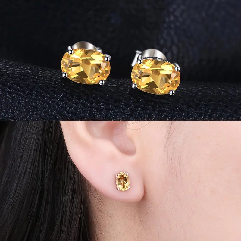 7x5mm Natural Citrine Stud Earrings For Women 18K White Gold Plated