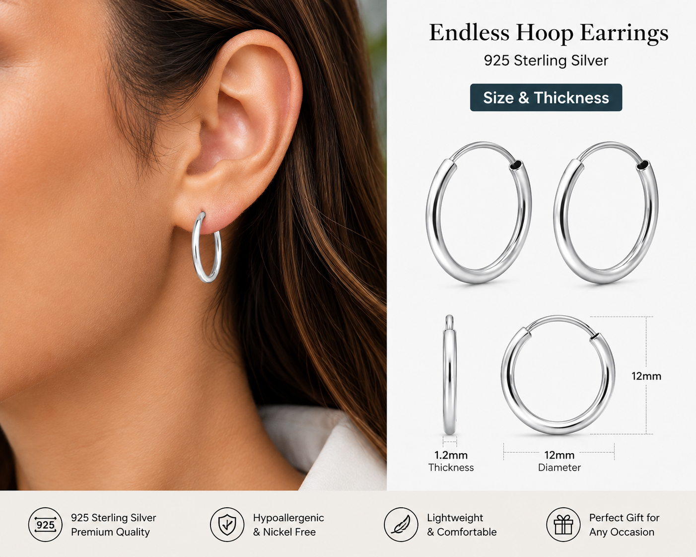 12mm Endless Hoop Earrings in 925 Sterling Silver | 1.2mm Thick Lightweight Huggie Hoops for Women & Men