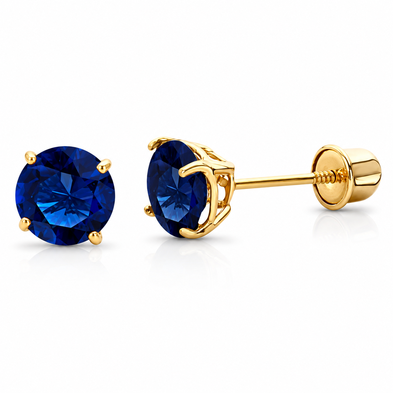 5mm Round Simulated Blue Sapphire CZ Solitaire Stud Earrings in 14K Yellow Gold | September Birthstone | Basket Set Screw Back Earrings for Women