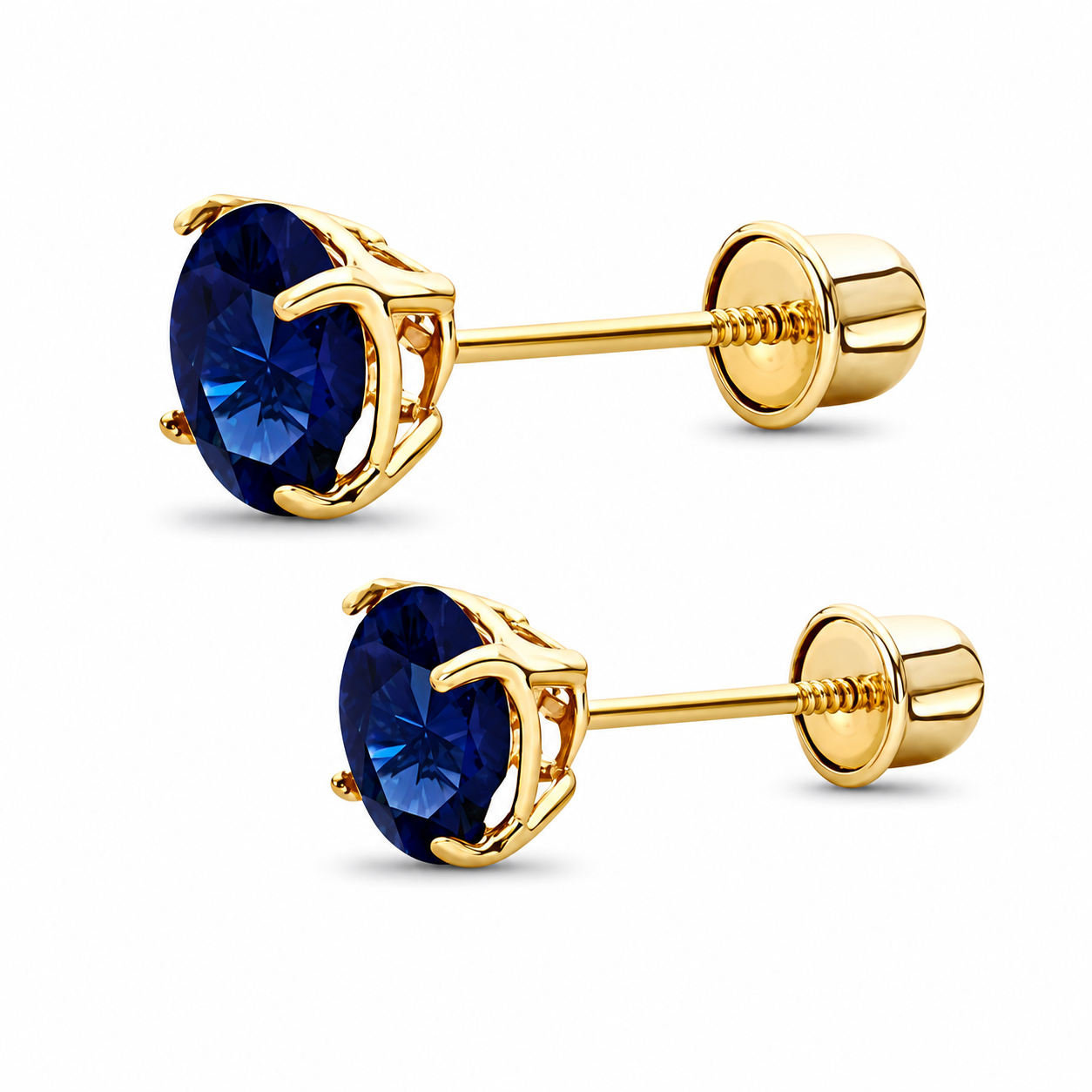 5mm Round Simulated Blue Sapphire CZ Solitaire Stud Earrings in 14K Yellow Gold | September Birthstone | Basket Set Screw Back Earrings for Women