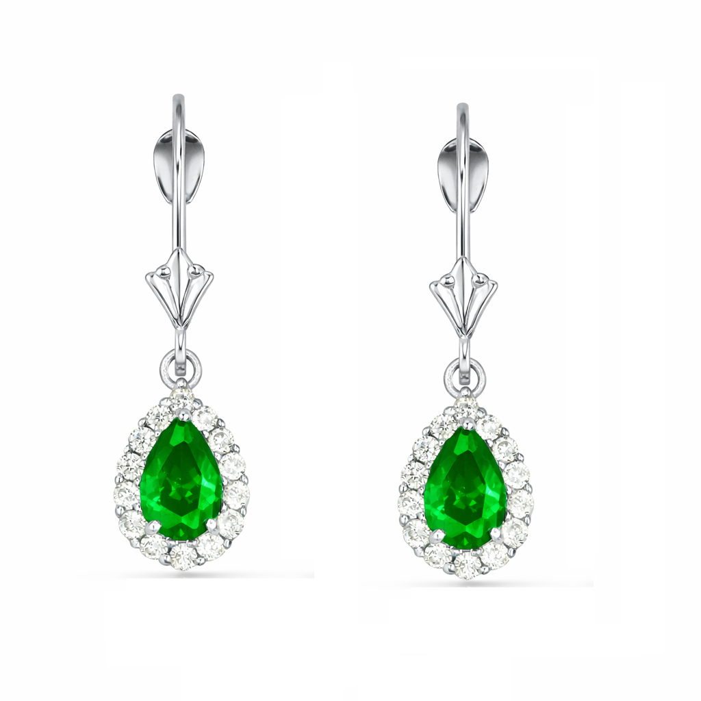 6×4mm Emerald Gemstone Halo Dangle Leverback Earrings in 14K White Gold
