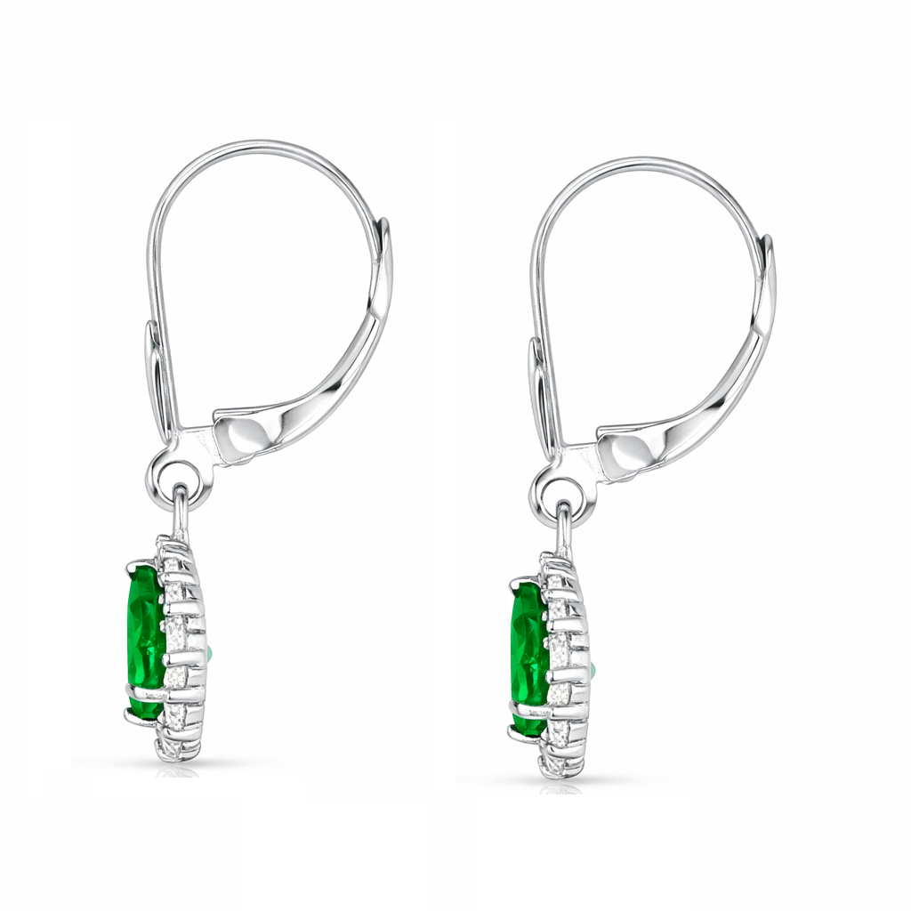 6×4mm Emerald Gemstone Halo Dangle Leverback Earrings in 14K White Gold