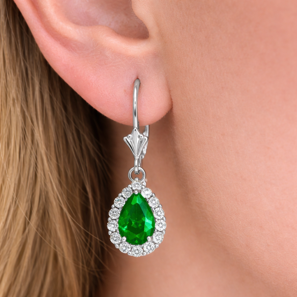 6×4mm Emerald Gemstone Halo Dangle Leverback Earrings in 14K White Gold