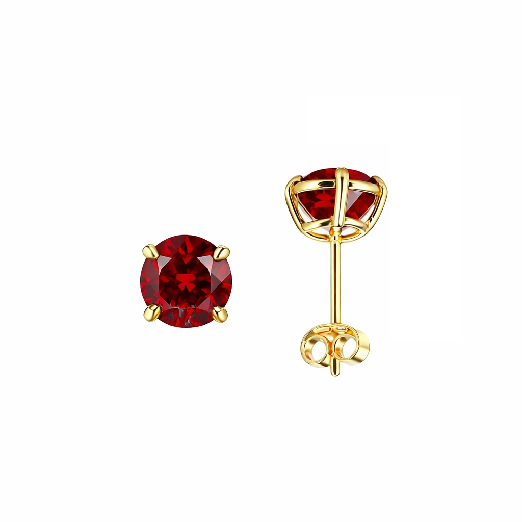 6mm Round Garnet January Birthstone Stud Earrings in 14K Yellow Gold – Push Back